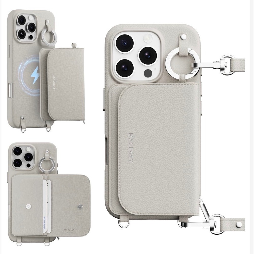 MAGEASY iPhone 16 Pro Max MagSafe Wallet Case Crossbody Vegan Leather Sand Grey